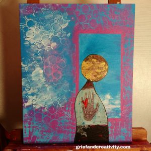 Acrylic painting with abstract background and a BEing in the foreground looking out a window