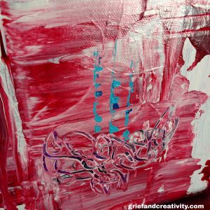 Abstract painting with various shapes in red and turquoise colors with asemic style writing shaping a nest