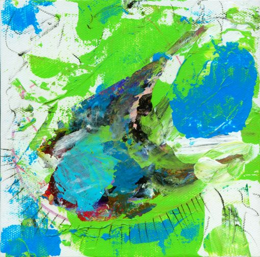 Abstract art using greens, blues, white, black, red