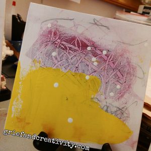 Mixed media abstract painting from the series "Nests" using white, black, pink, yellow