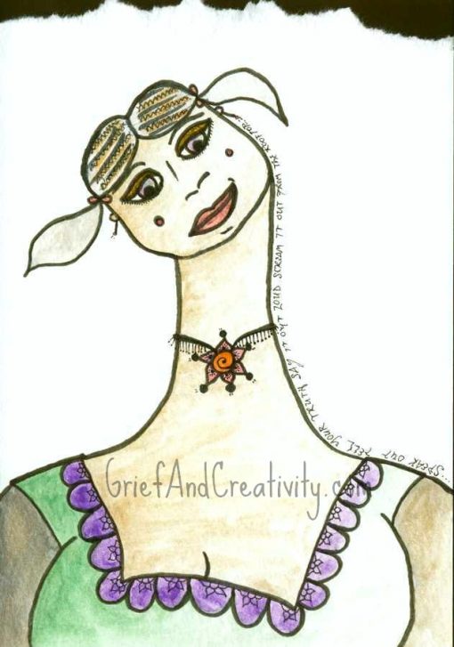 Mixed media on hand torn paper of a woman with golden-ish brown hair, henna-esque flower necklace, and green and purple shirt with head tilted and flower accents on shirt