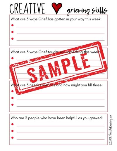 screenshot of creative grieving skills worksheet in red, black, and white, offering creative prompts