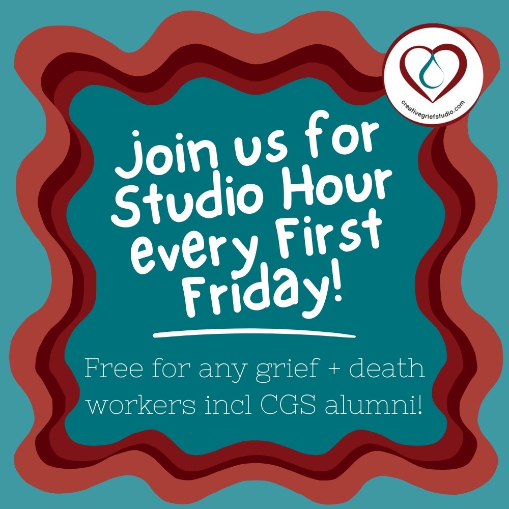 laptop and plate of cookies with text across table top reading bring your cuppa and snack to First Friday Happy Hour for Death and Grief Workers with the CGS logo in bottom corner